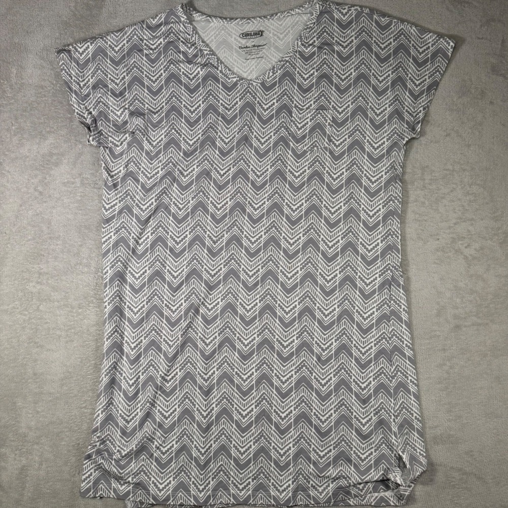 Cariloha Bamboo Sleepwear Nightgown Grey White Chevron V-Neck Short Sleeve M